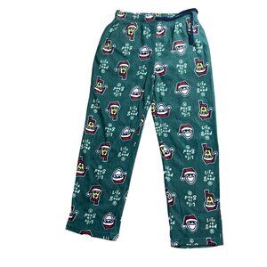 Life‎ Is Good Fleece Pajama Pants Men's Medium Holiday Santa Dog Green Pockets